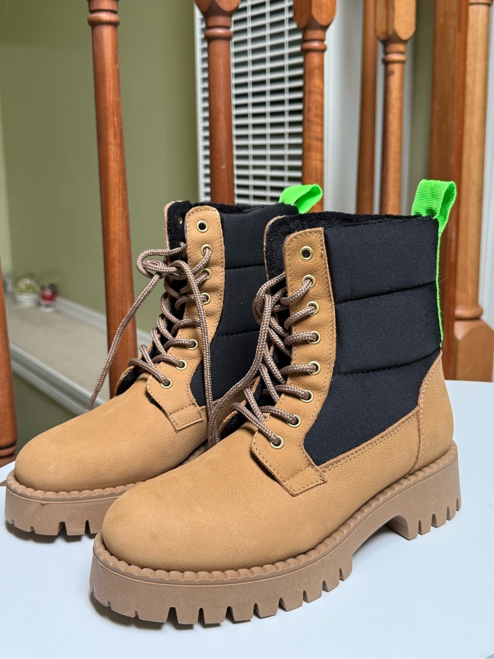 Pajar Tan and Black Lace-Up Lug Boots with Neon Green Pull Tab H52N1